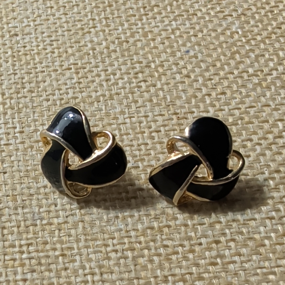 Vintage Gold Toned Black Enamel Infinity Knot Pierced Earrings